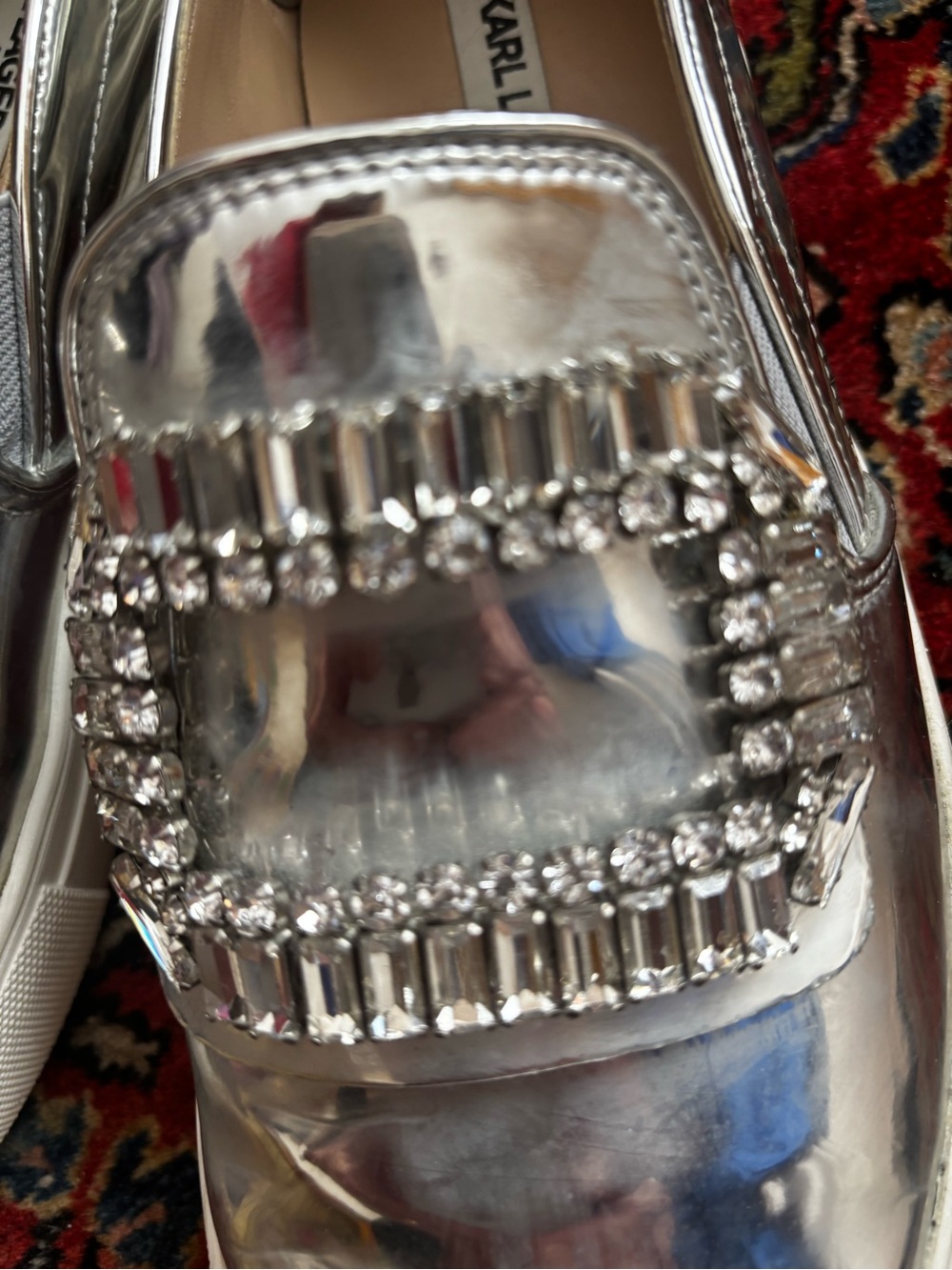 Karl Lagerfeld Silver Crystal-Embellished Slip-On Loafers 8 -39B.  made in Italy - Picture 5 of 8